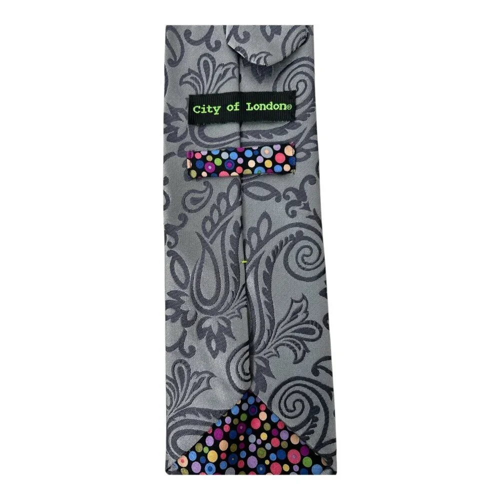 Vintage City of London 100% Silk‎ Men's Tie | Gray | Paisely Print